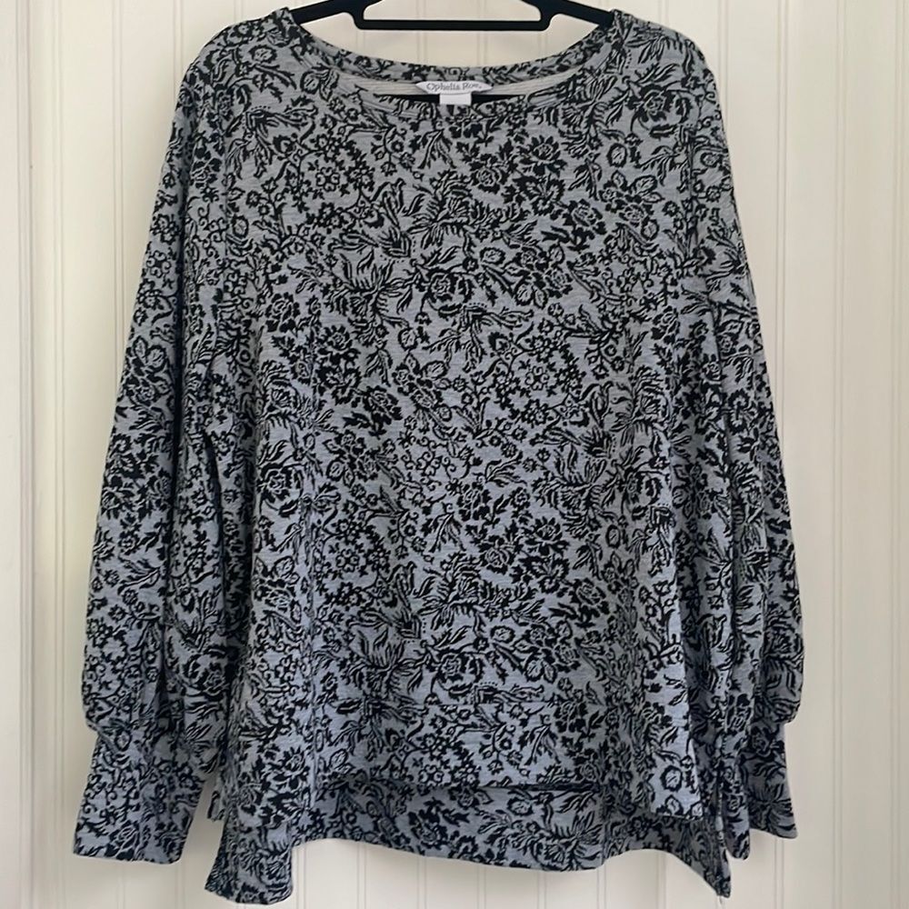 OPHELIA ROE gray &‎ black floral knit women’s long balloon sleeve shirt size XL